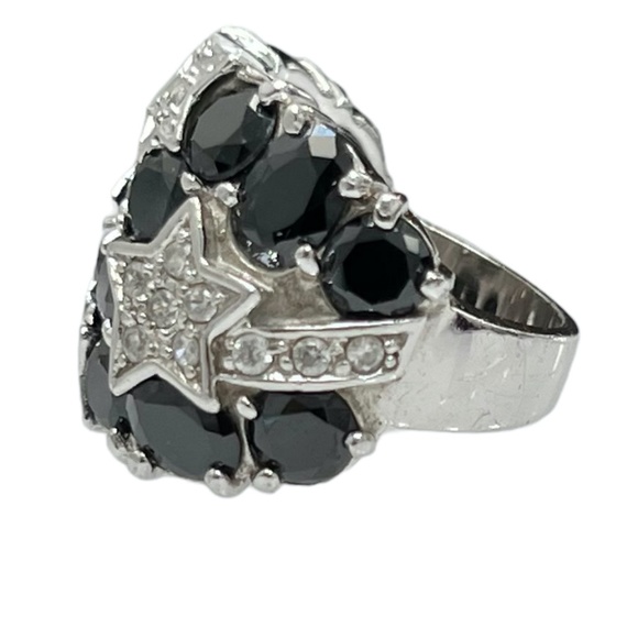 STERLING SILVER BLACK & CLEAR CRYSTALS NIGHT SKY WITH STARS COCKTAIL RING SIZE 7 - Picture 4 of 16